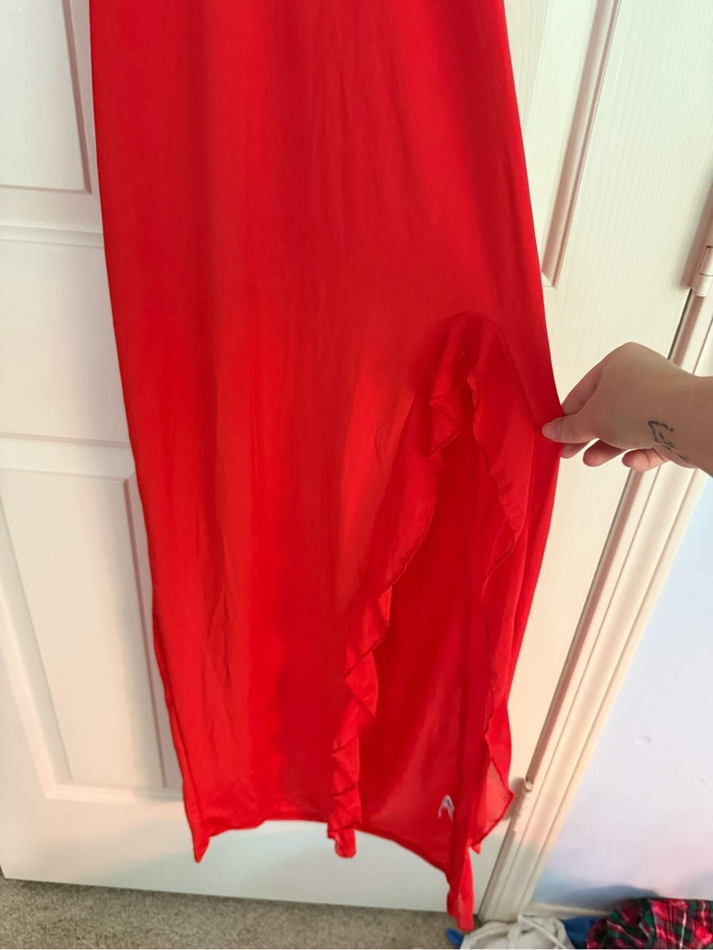 Red Halter Ruffle-Slit Dress - Picture 4 of 6
